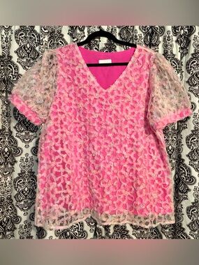 V-Neck Pink with Floral Mesh Overlay Short Puff Sleeve Blouse
